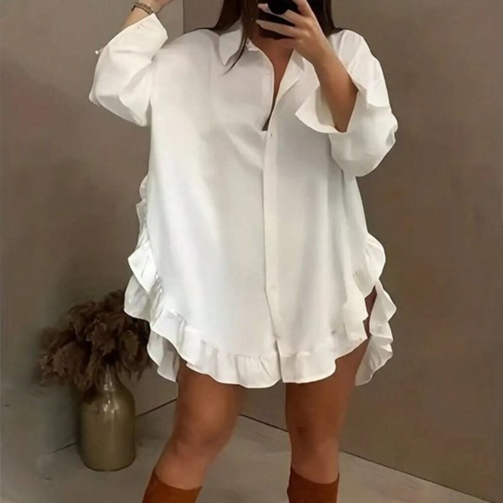 White Casual Women's Solid Color Ruffle Trim Decor Button Front Blouse